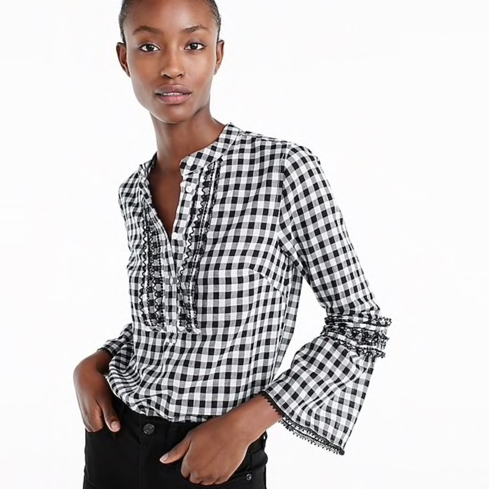 J. Crew Gingham Embroidered Bell Sleeve Top